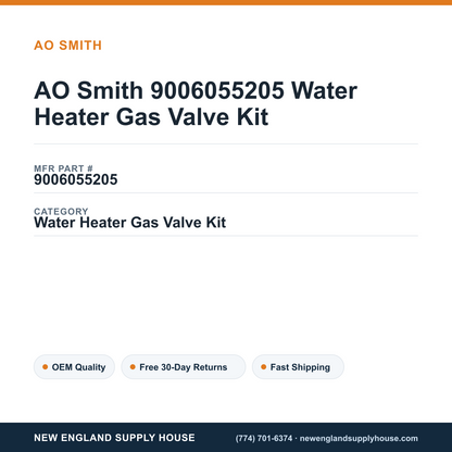 AO Smith 9006055205 Water Heater Gas Valve Kit — New England Supply House spec card [NESH-SPEC-CARD-V2]