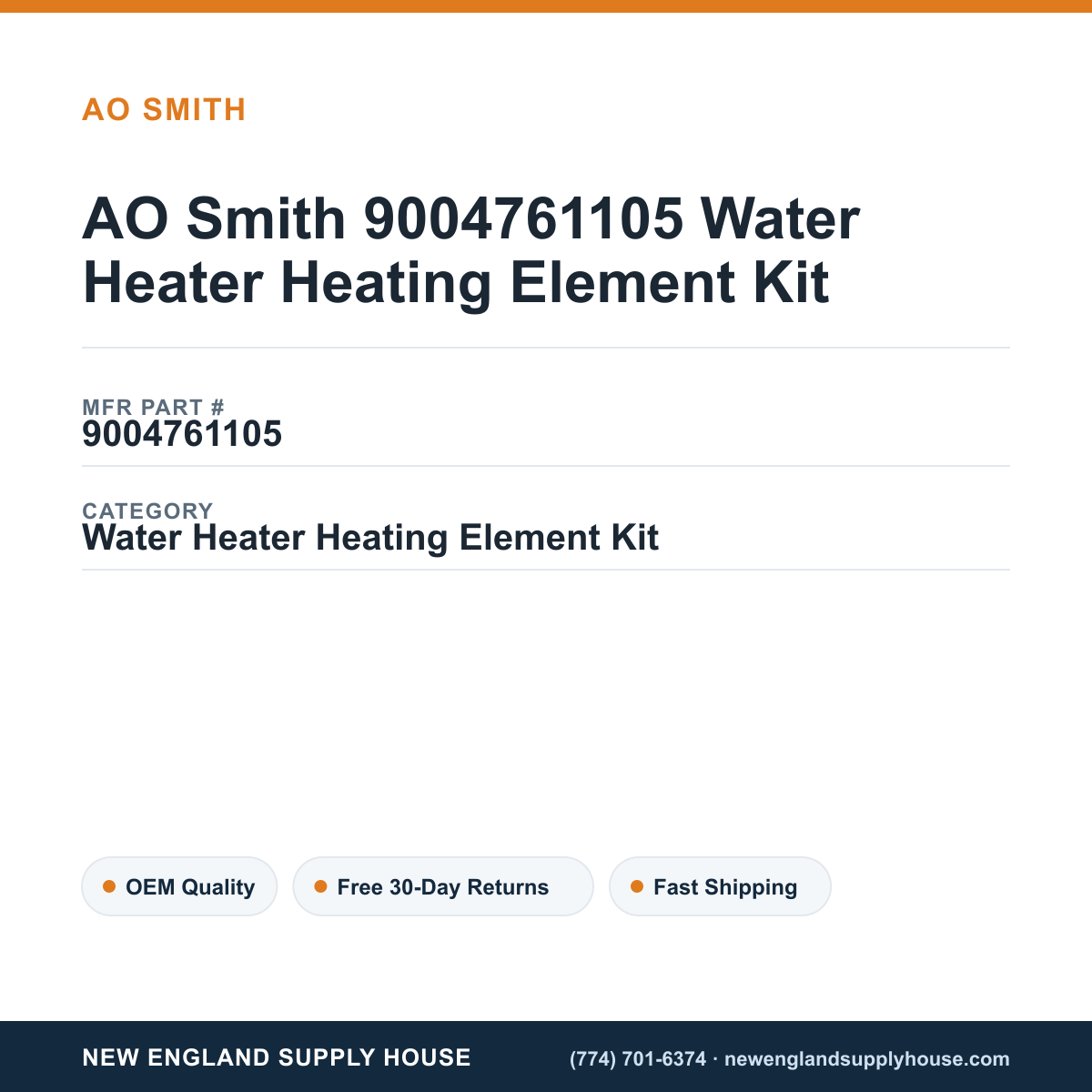 AO Smith 9004761105 Water Heater Heating Element Kit — New England Supply House spec card [NESH-SPEC-CARD-V2]