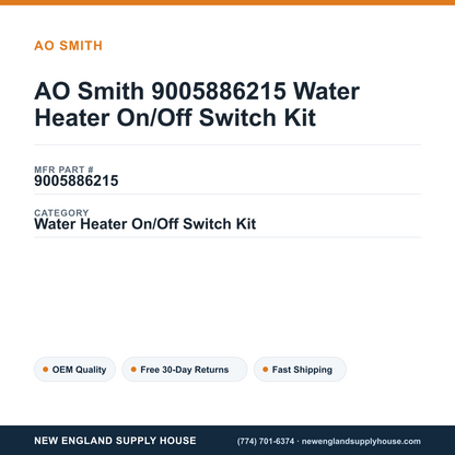 AO Smith 9005886215 Water Heater On/Off Switch Kit — New England Supply House spec card [NESH-SPEC-CARD-V2]