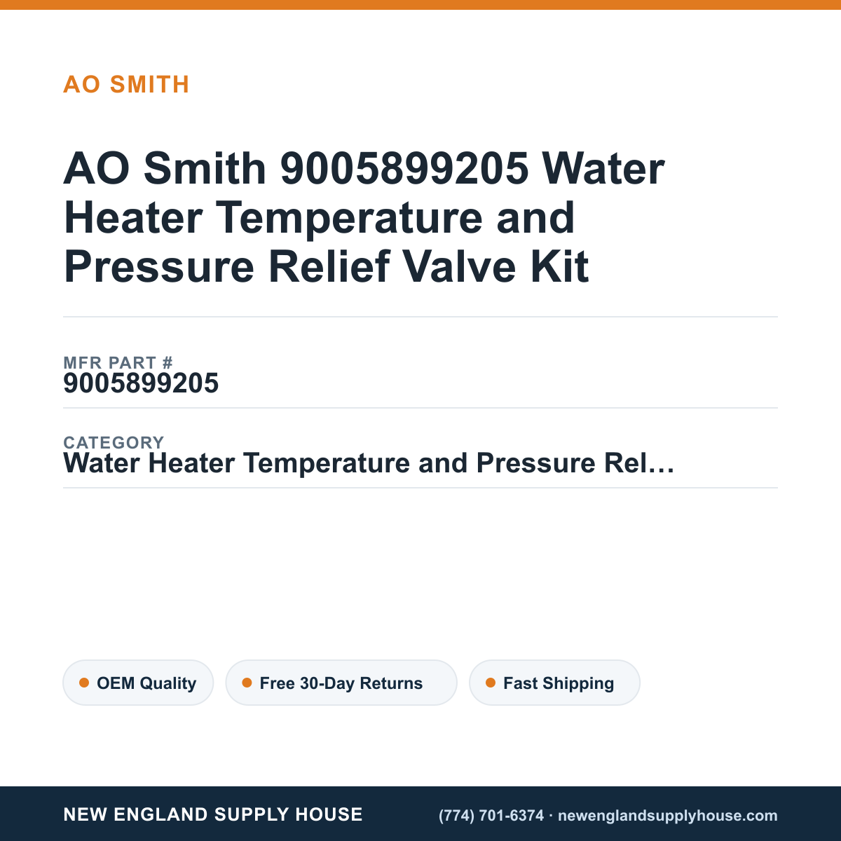 AO Smith 9005899205 Water Heater Temperature and Pressure Relief Valve Kit — New England Supply House spec card [NESH-SPEC-CARD-V2]