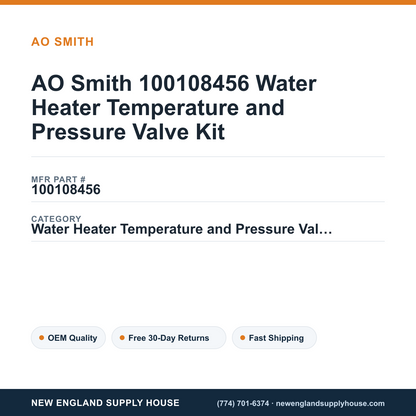 AO Smith 100108456 Water Heater Temperature and Pressure Valve Kit — New England Supply House spec card [NESH-SPEC-CARD-V2]