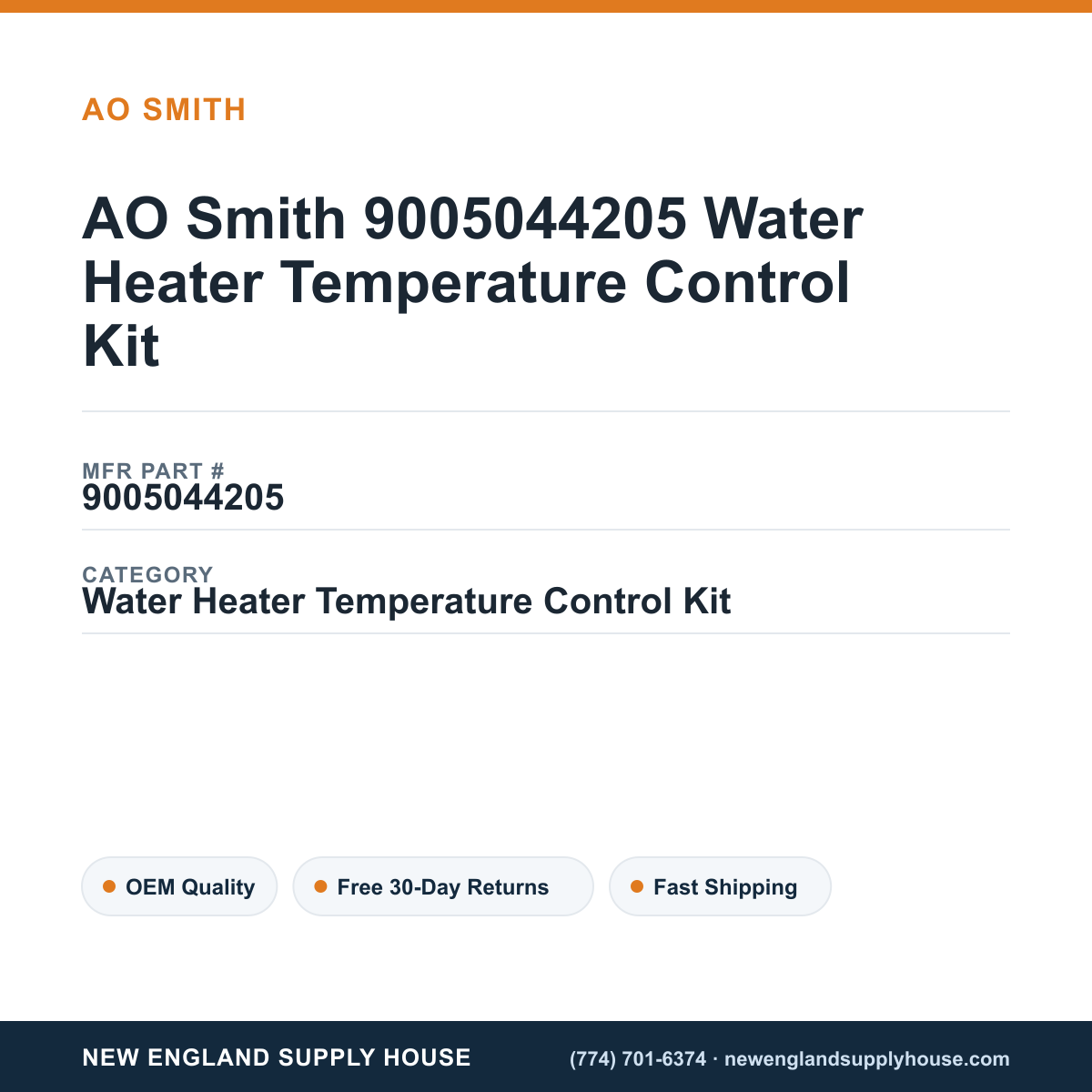 AO Smith 9005044205 Water Heater Temperature Control Kit — New England Supply House spec card [NESH-SPEC-CARD-V2]