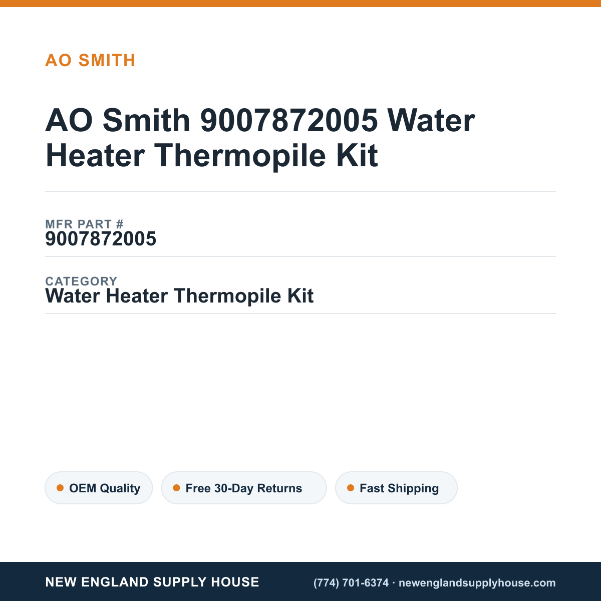 AO Smith 9007872005 Water Heater Thermopile Kit — New England Supply House spec card [NESH-SPEC-CARD-V2]