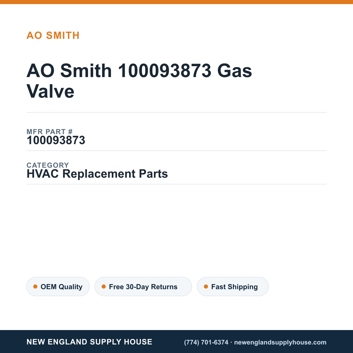 AO Smith 100093873 Gas Valve — New England Supply House spec card [NESH-SPEC-CARD-V2]