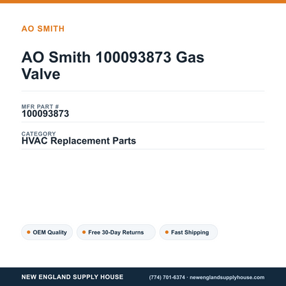 AO Smith 100093873 Gas Valve — New England Supply House spec card [NESH-SPEC-CARD-V2]