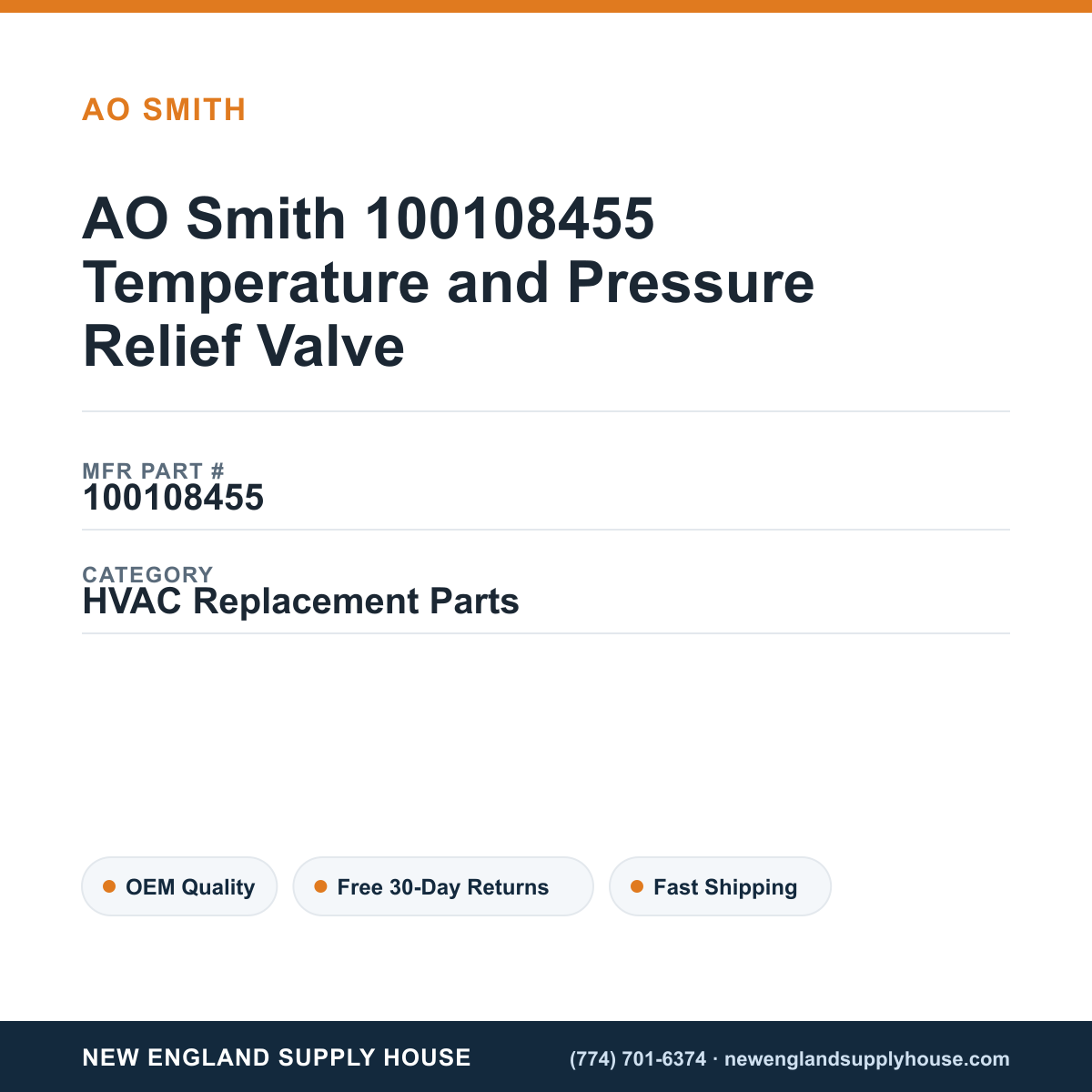 AO Smith 100108455 Temperature and Pressure Relief Valve — New England Supply House spec card [NESH-SPEC-CARD-V2]