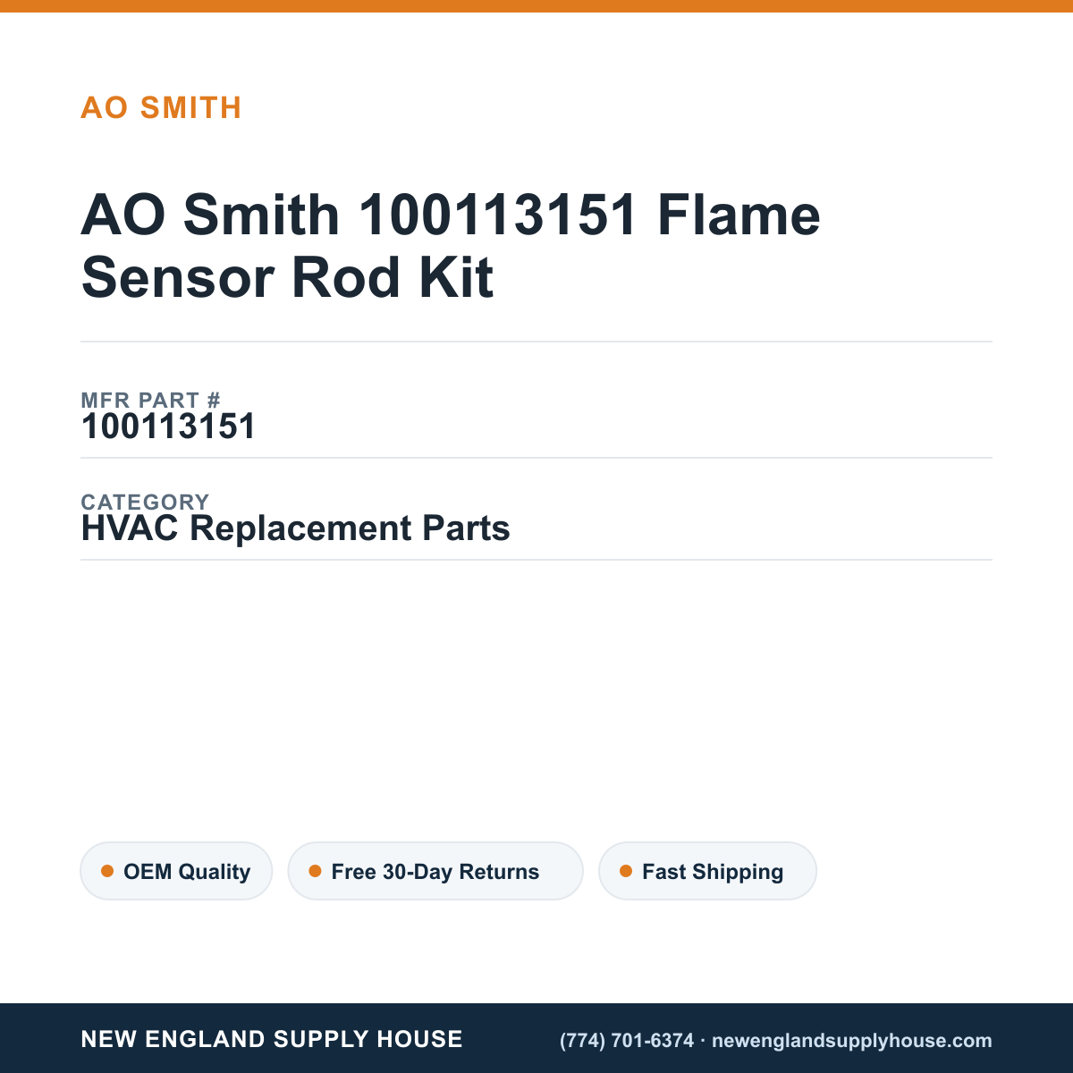 AO Smith 100113151 Flame Sensor Rod Kit — New England Supply House spec card [NESH-SPEC-CARD-V2]