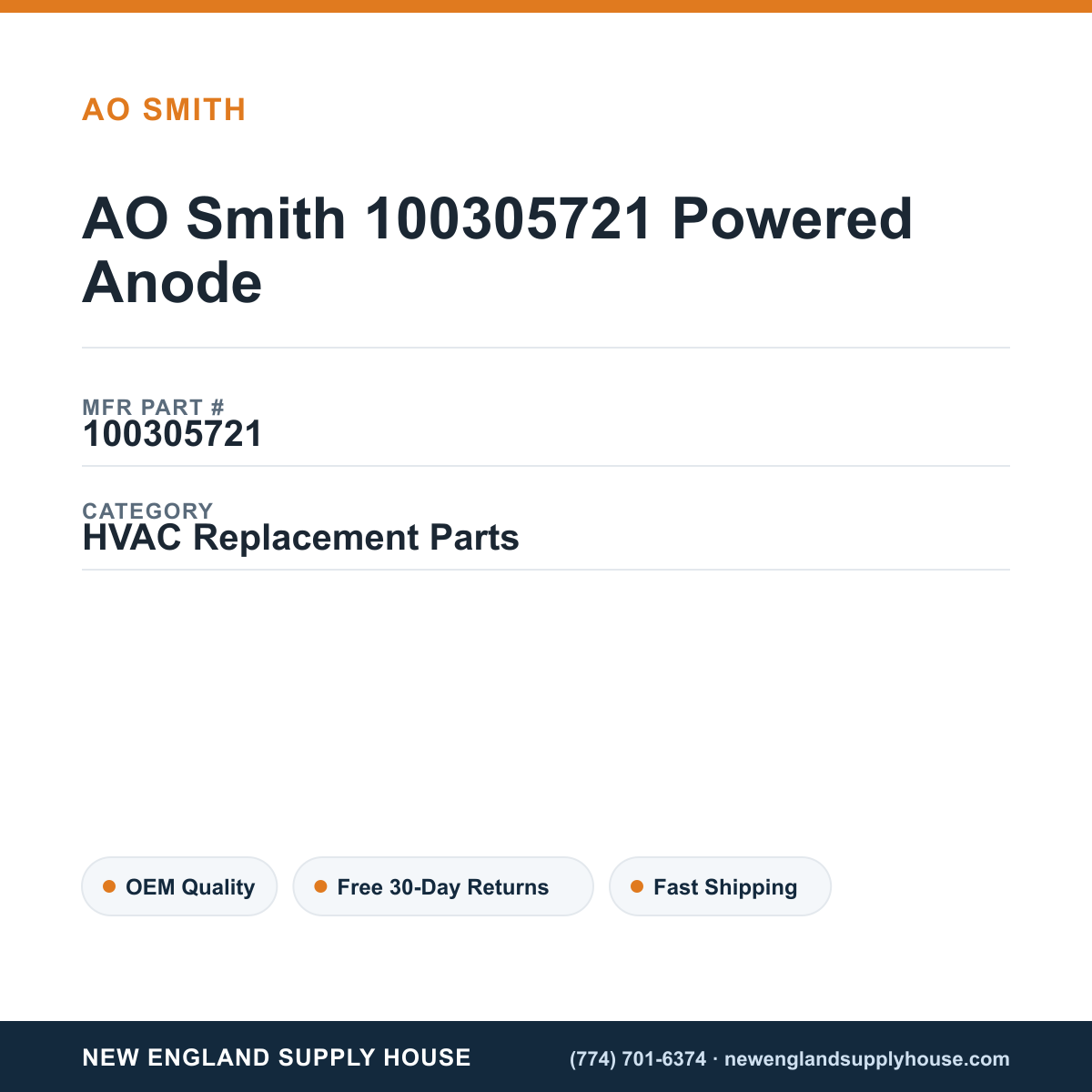 AO Smith 100305721 Powered Anode — New England Supply House spec card [NESH-SPEC-CARD-V2]