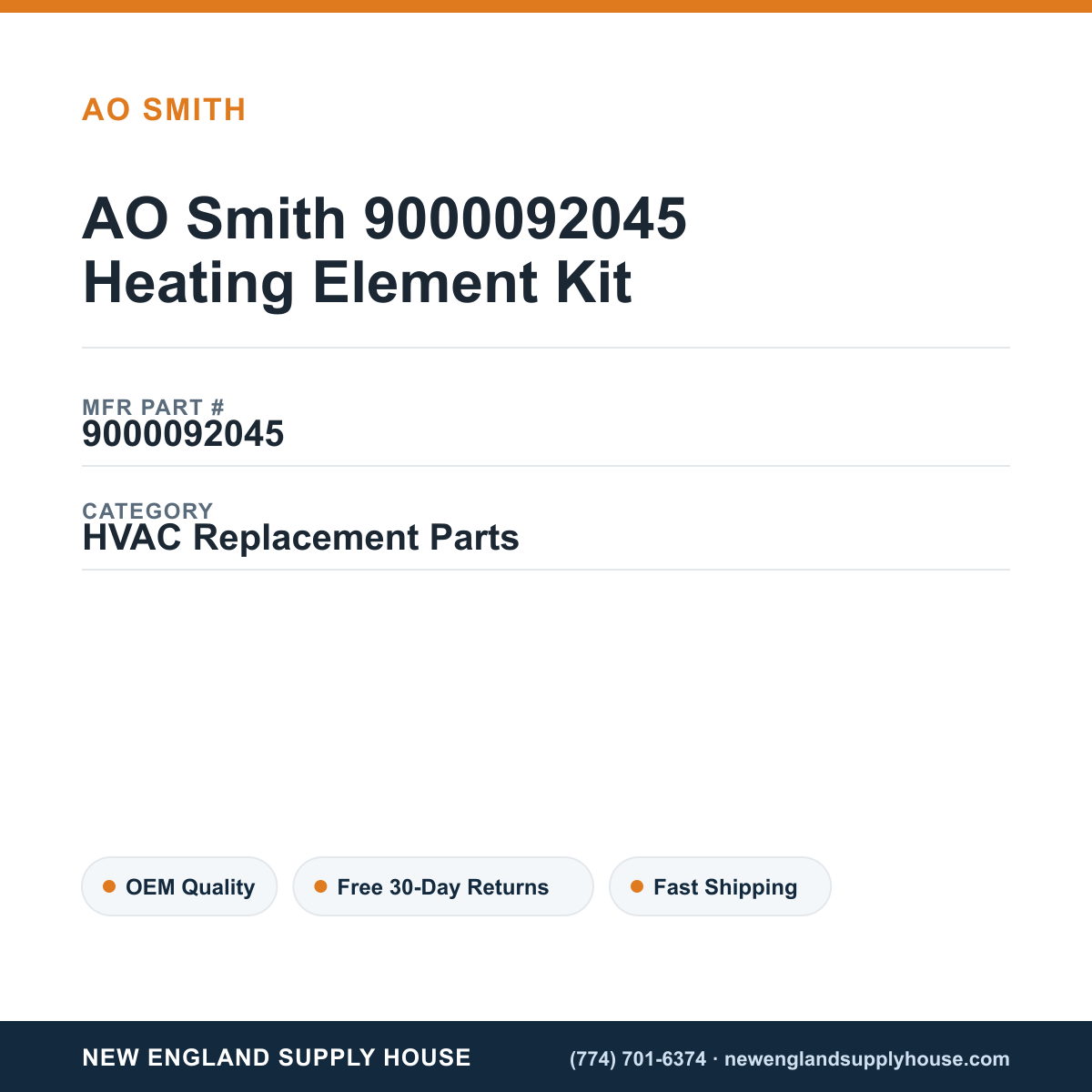 AO Smith 9000092045 Heating Element Kit — New England Supply House spec card [NESH-SPEC-CARD-V2]