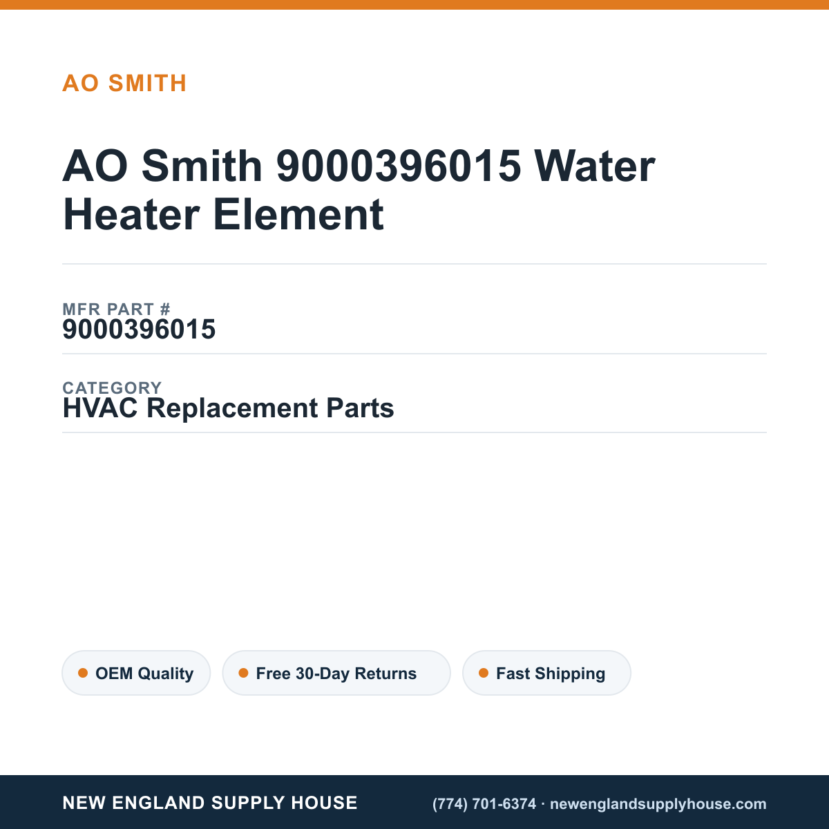 AO Smith 9000396015 Water Heater Element — New England Supply House spec card [NESH-SPEC-CARD-V2]