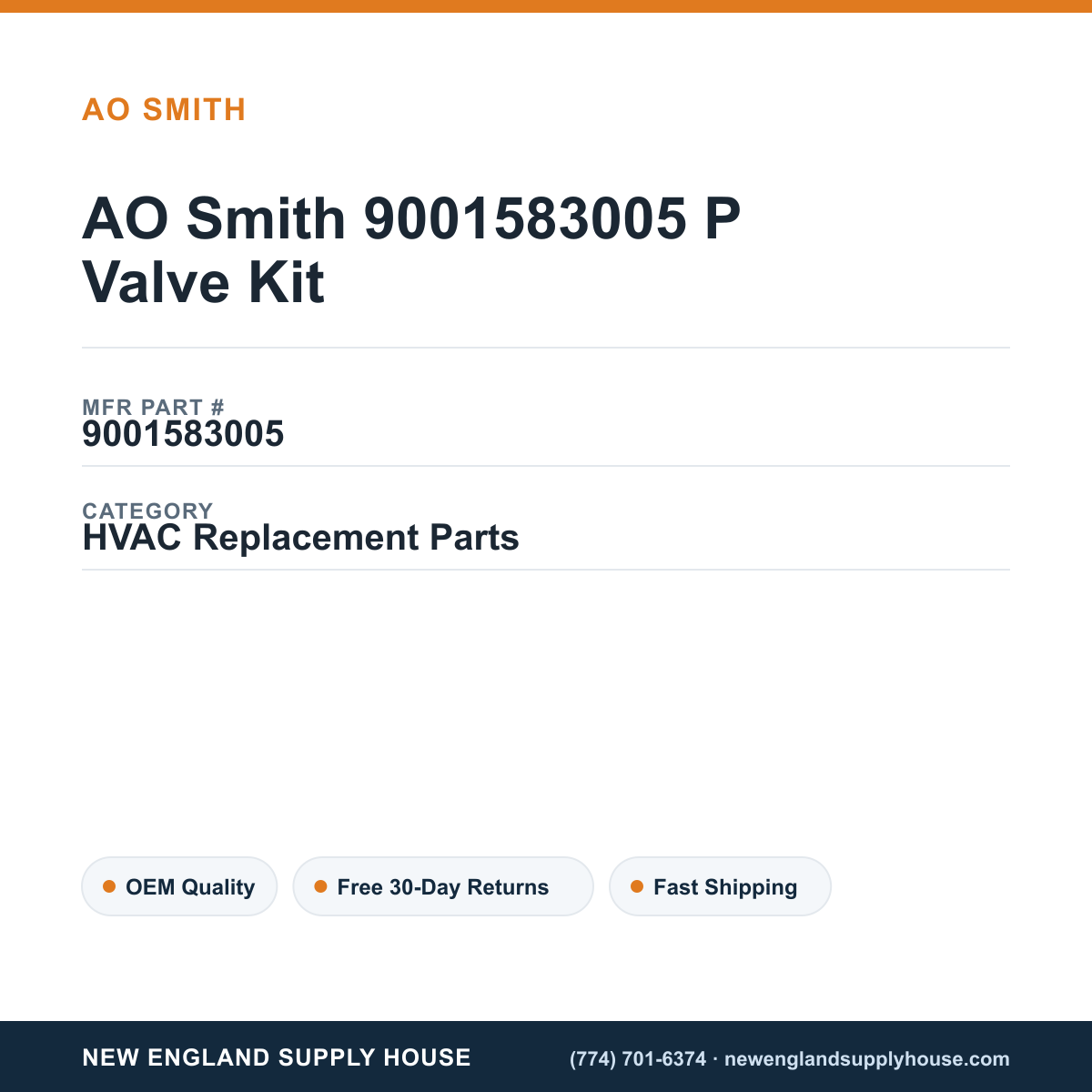 AO Smith 9001583005 P Valve Kit — New England Supply House spec card [NESH-SPEC-CARD-V2]