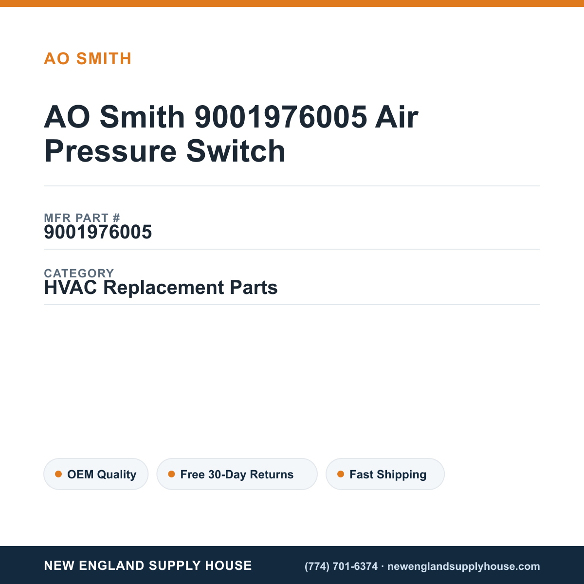 AO Smith 9001976005 Air Pressure Switch — New England Supply House spec card [NESH-SPEC-CARD-V2]