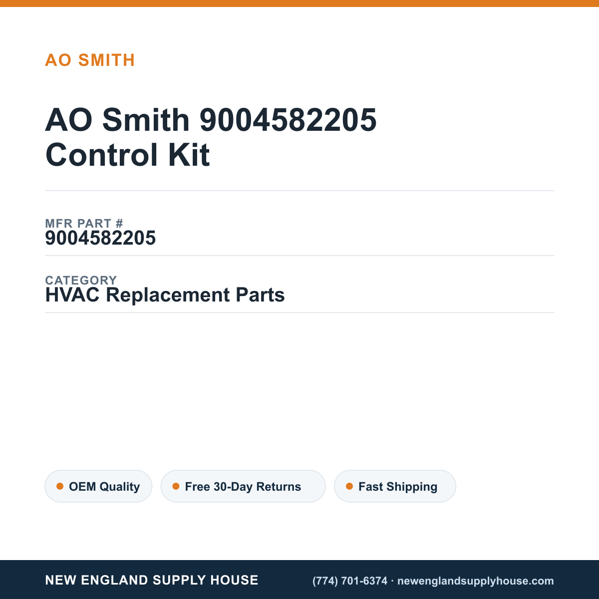 AO Smith 9004582205 Control Kit — New England Supply House spec card [NESH-SPEC-CARD-V2]