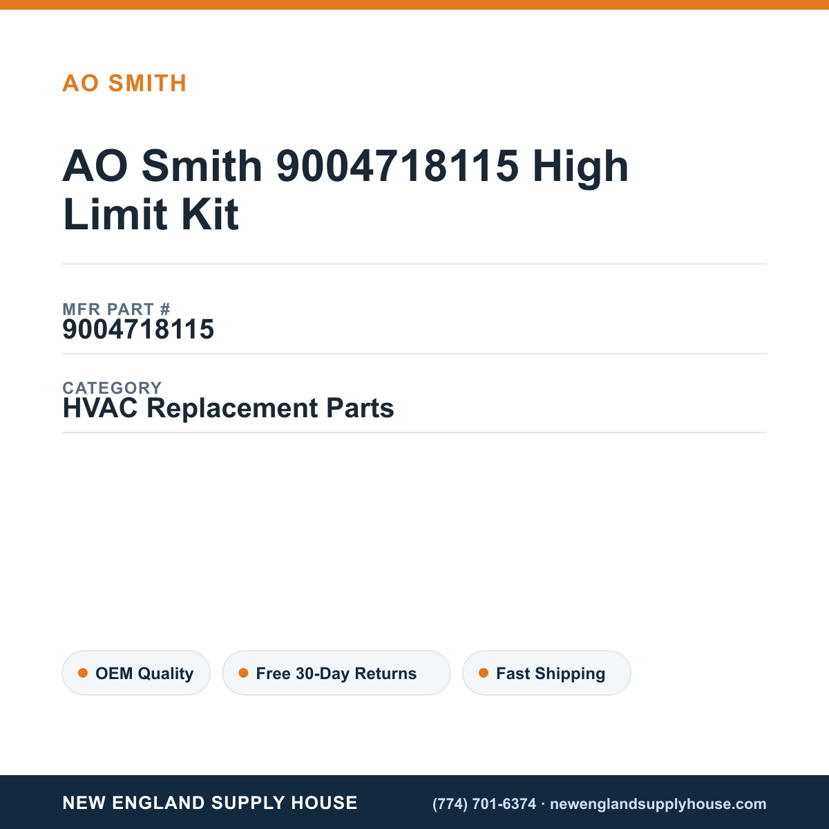 AO Smith 9004718115 High Limit Kit — New England Supply House spec card [NESH-SPEC-CARD-V2]