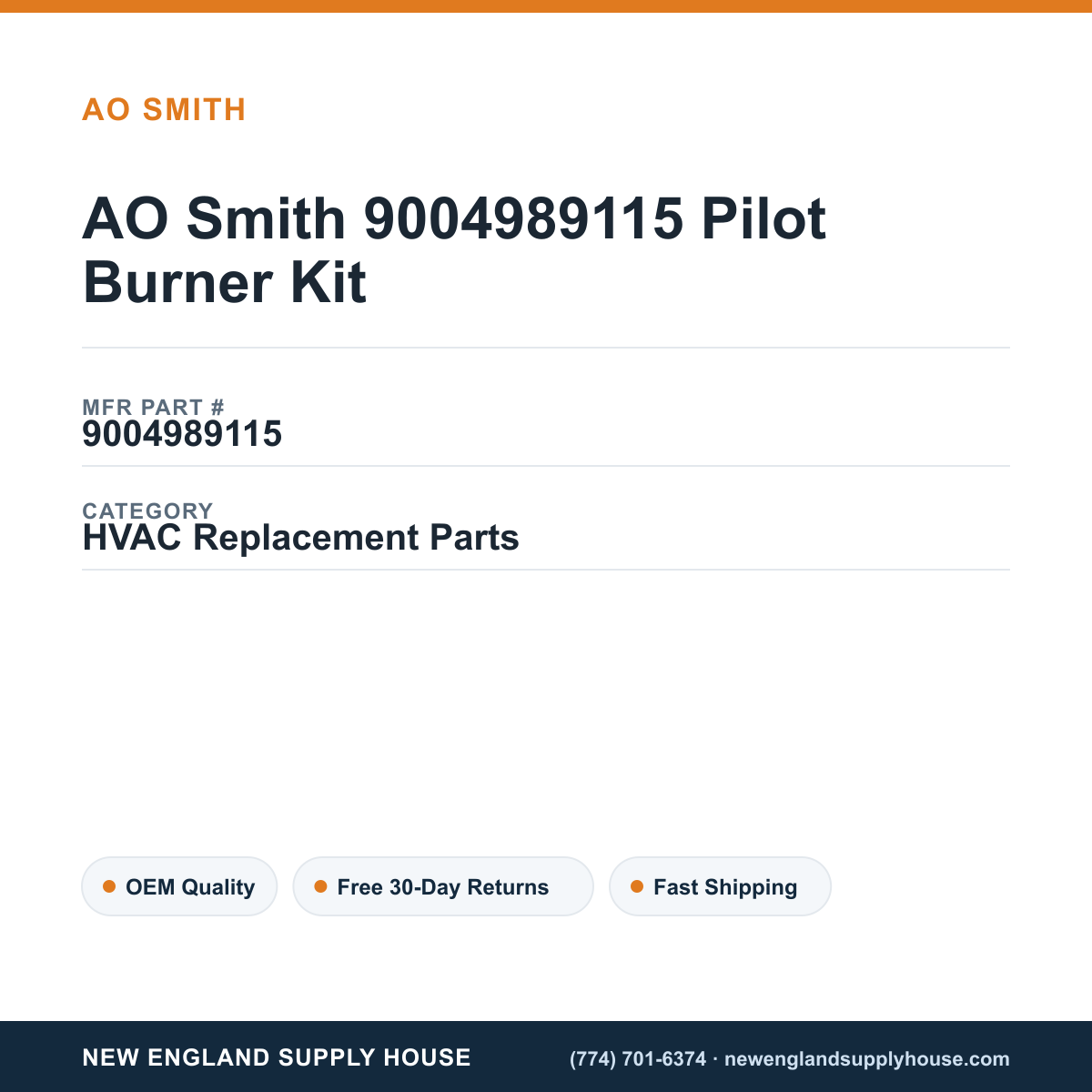 AO Smith 9004989115 Pilot Burner Kit — New England Supply House spec card [NESH-SPEC-CARD-V2]