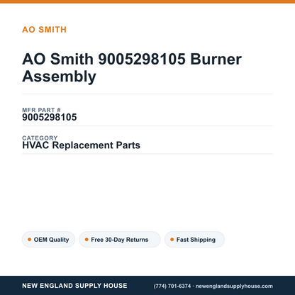 AO Smith 9005298105 Burner Assembly — New England Supply House spec card [NESH-SPEC-CARD-V2]