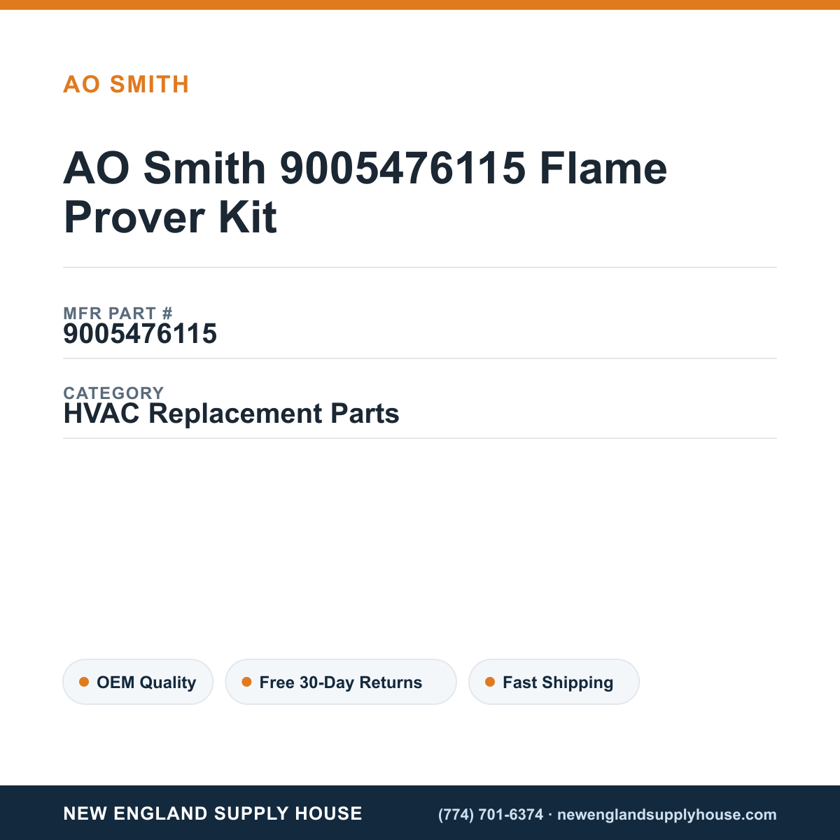 AO Smith 9005476115 Flame Prover Kit — New England Supply House spec card [NESH-SPEC-CARD-V2]