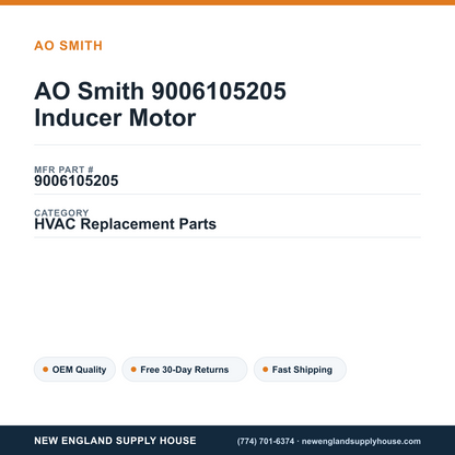 AO Smith 9006105205 Inducer Motor — New England Supply House spec card [NESH-SPEC-CARD-V2]