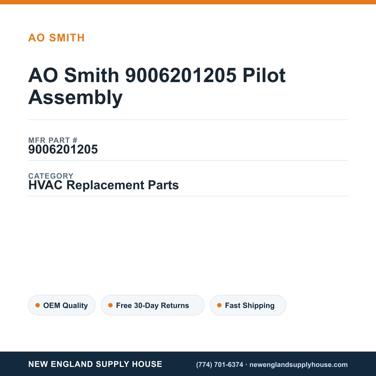 AO Smith 9006201205 Pilot Assembly — New England Supply House spec card [NESH-SPEC-CARD-V2]