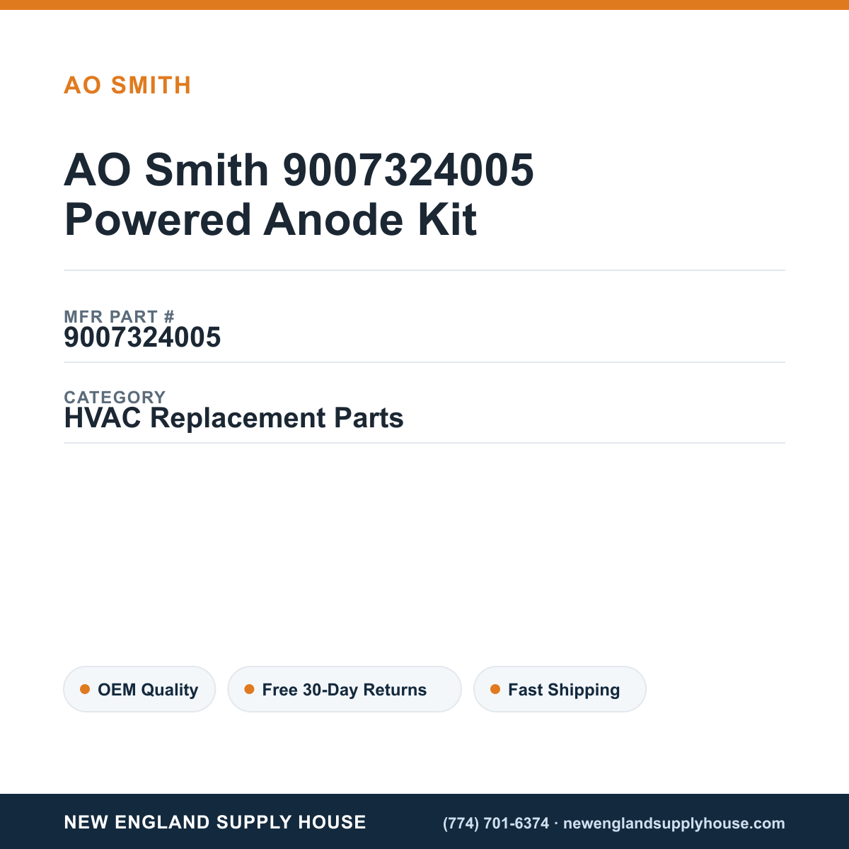 AO Smith 9007324005 Powered Anode Kit — New England Supply House spec card [NESH-SPEC-CARD-V2]