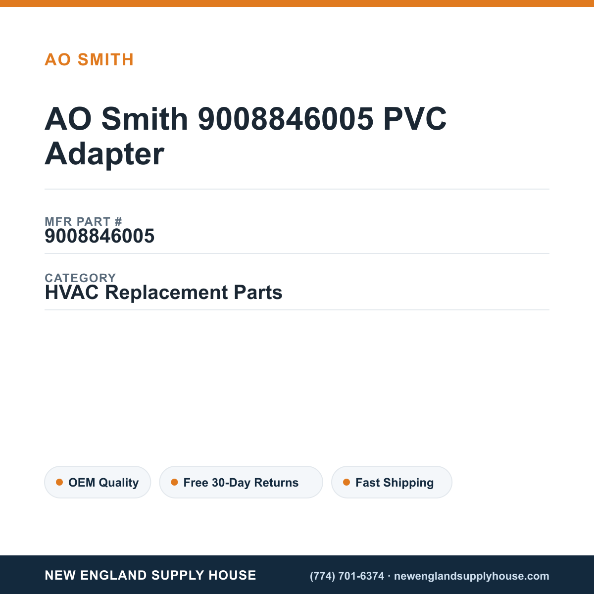 AO Smith 9008846005 PVC Adapter — New England Supply House spec card [NESH-SPEC-CARD-V2]