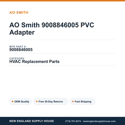 AO Smith 9008846005 PVC Adapter — New England Supply House spec card [NESH-SPEC-CARD-V2]