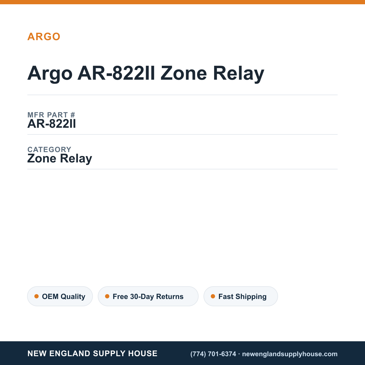 Argo AR-822II Zone Relay — New England Supply House spec card [NESH-SPEC-CARD-V2]