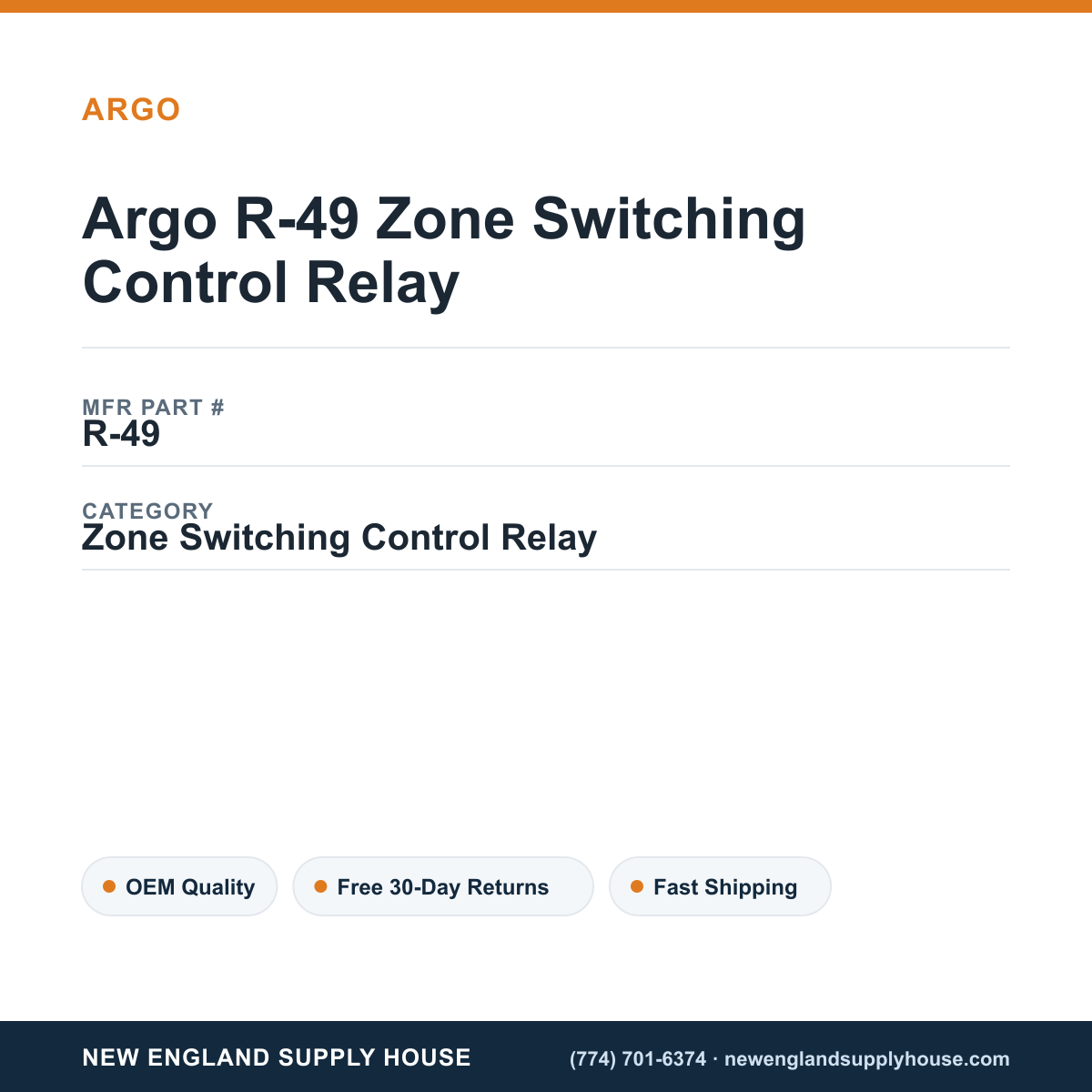 Argo R-49 Zone Switching Control Relay — New England Supply House spec card [NESH-SPEC-CARD-V2]