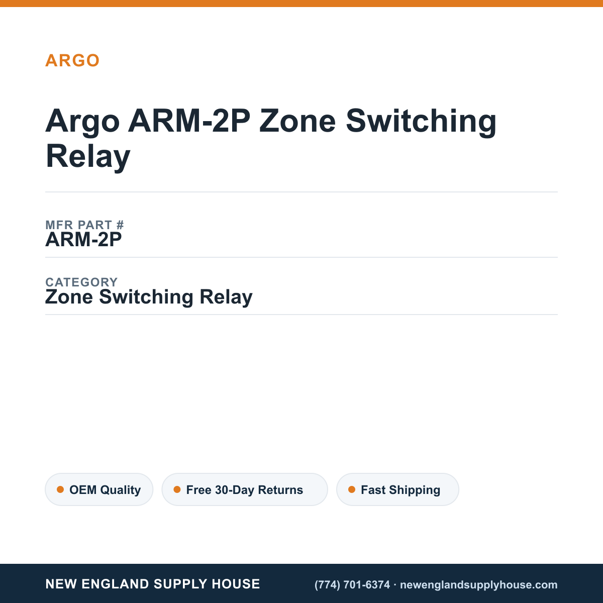Argo ARM-2P Zone Switching Relay — New England Supply House spec card [NESH-SPEC-CARD-V2]