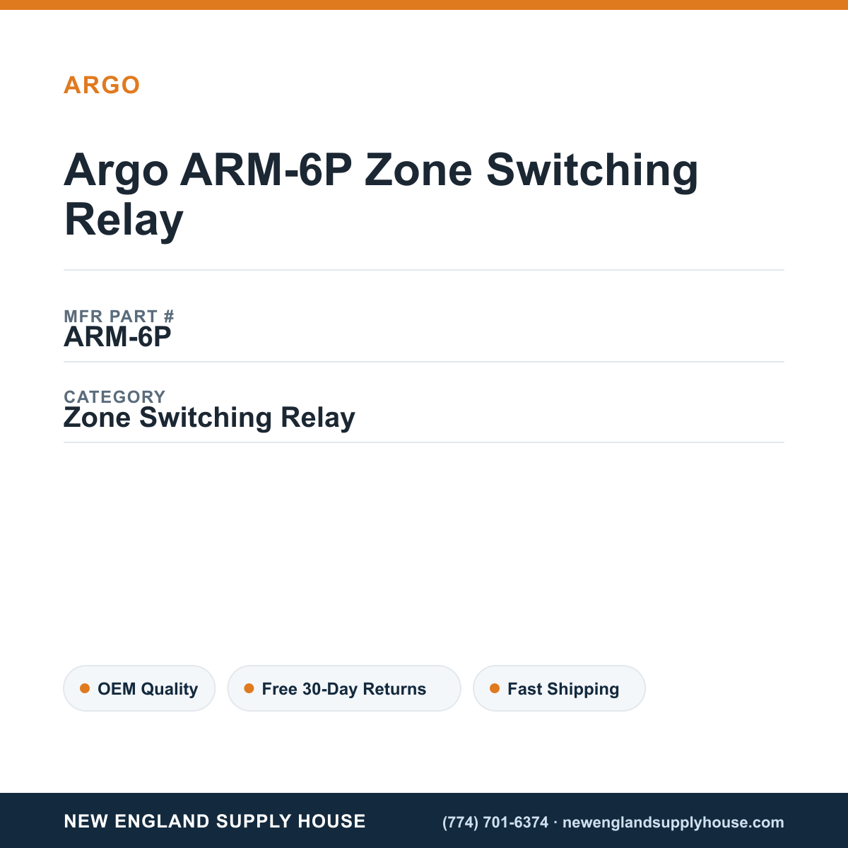 Argo ARM-6P Zone Switching Relay — New England Supply House spec card [NESH-SPEC-CARD-V2]