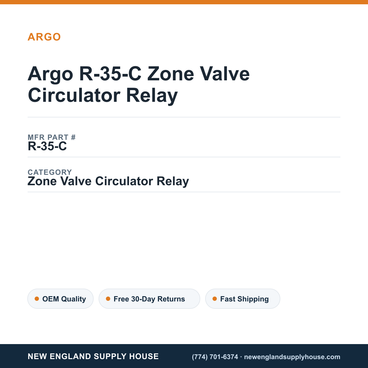 Argo R-35-C Zone Valve Circulator Relay — New England Supply House spec card [NESH-SPEC-CARD-V2]