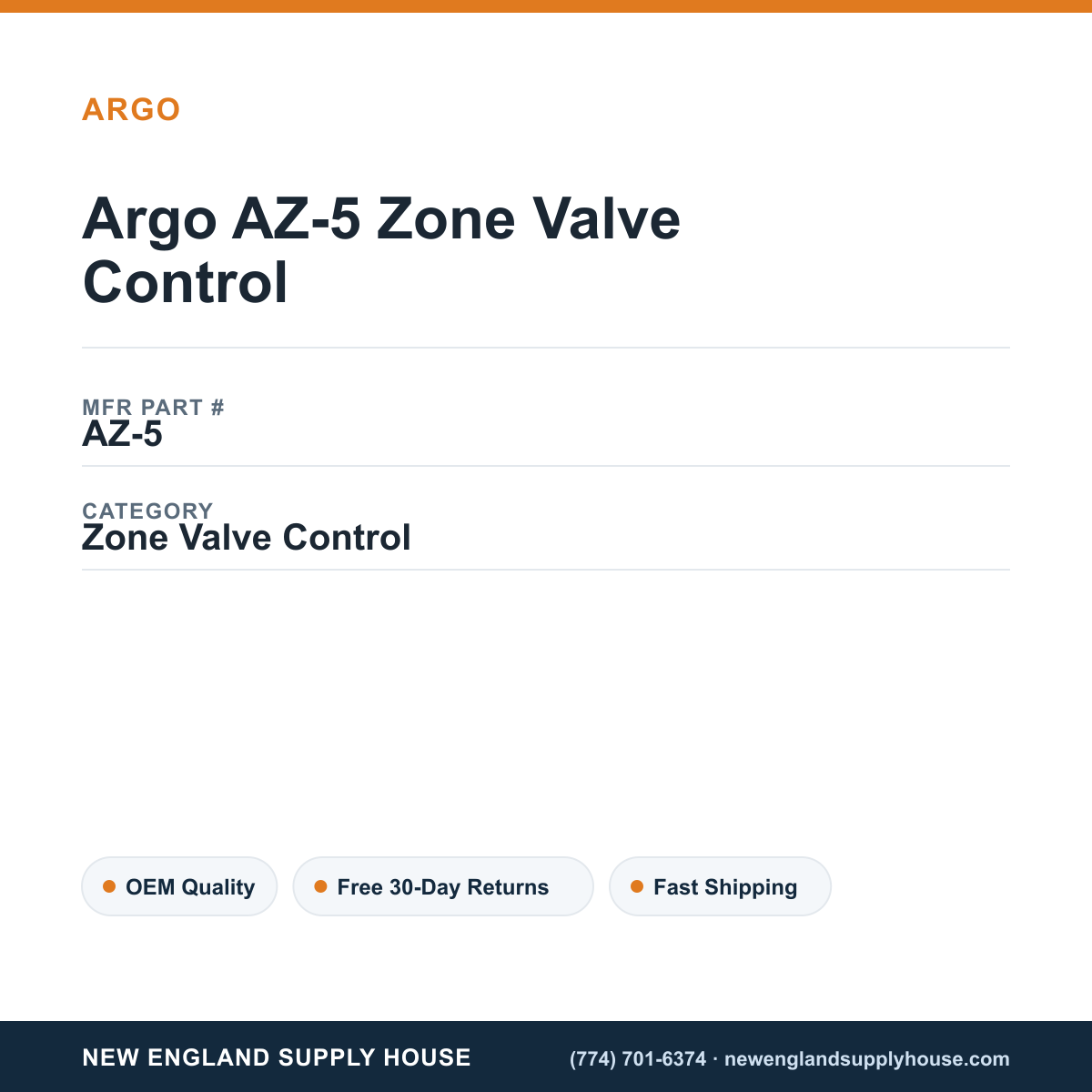 Argo AZ-5 Zone Valve Control — New England Supply House spec card [NESH-SPEC-CARD-V2]