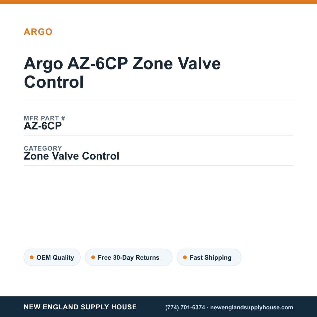 Argo AZ-6CP Zone Valve Control — New England Supply House spec card [NESH-SPEC-CARD-V2]