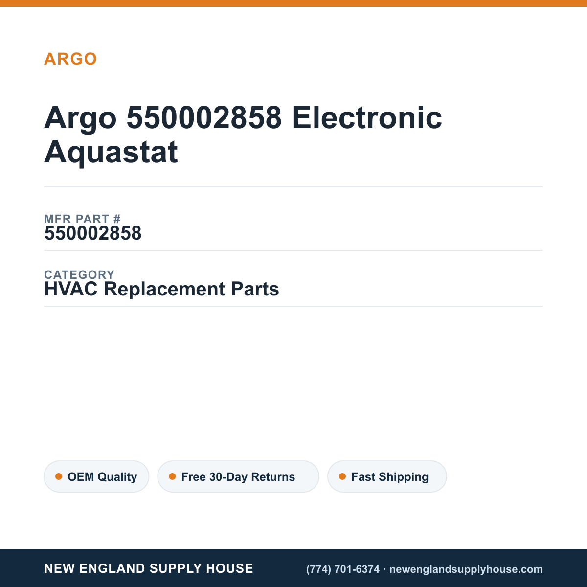 Argo 550002858 Electronic Aquastat — New England Supply House spec card [NESH-SPEC-CARD-V2]