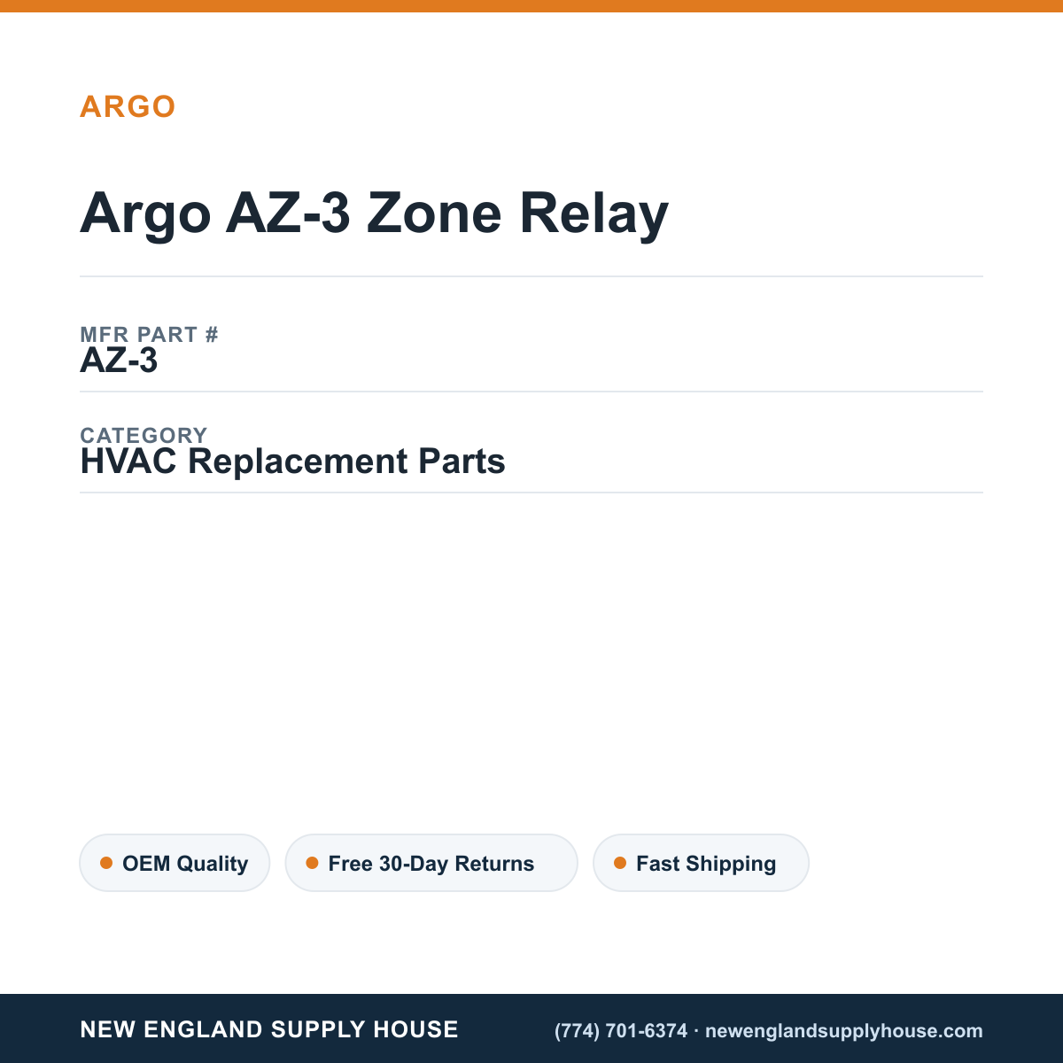 Argo AZ-3 Zone Relay — New England Supply House spec card [NESH-SPEC-CARD-V2]