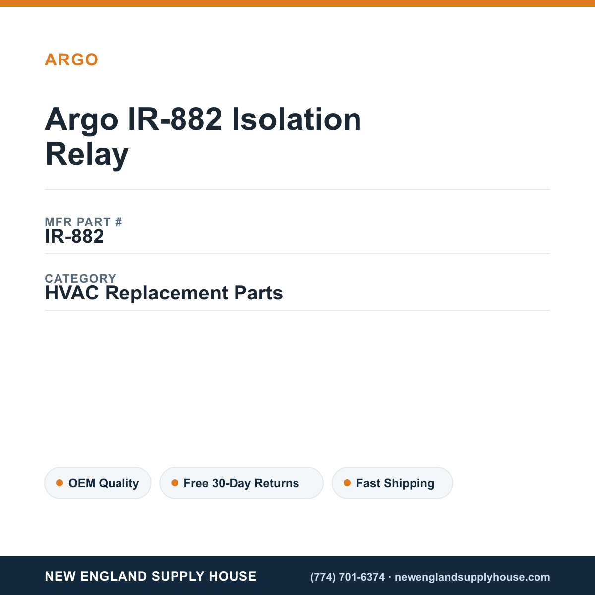 Argo IR-882 Isolation Relay — New England Supply House spec card [NESH-SPEC-CARD-V2]