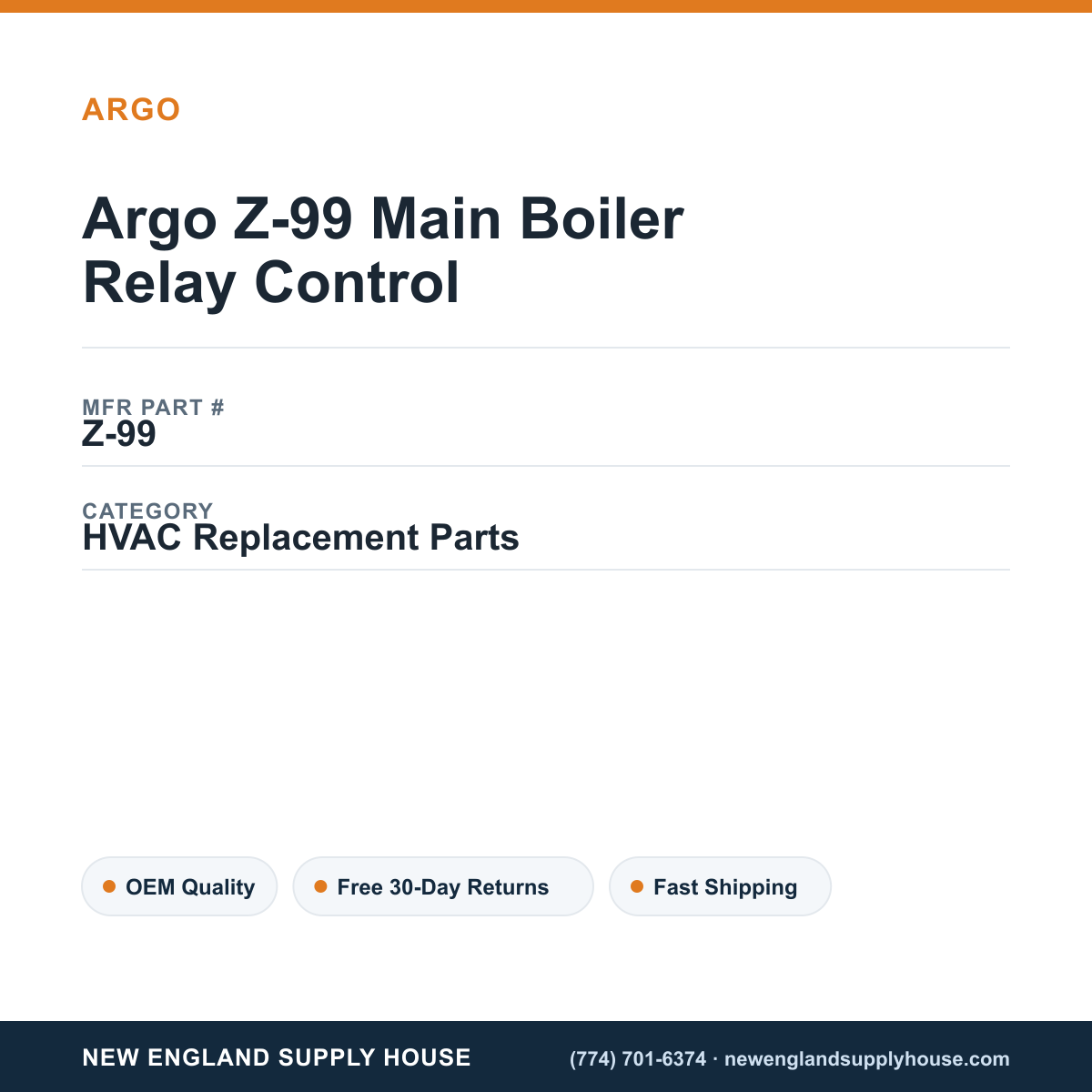 Argo Z-99 Main Boiler Relay Control — New England Supply House spec card [NESH-SPEC-CARD-V2]