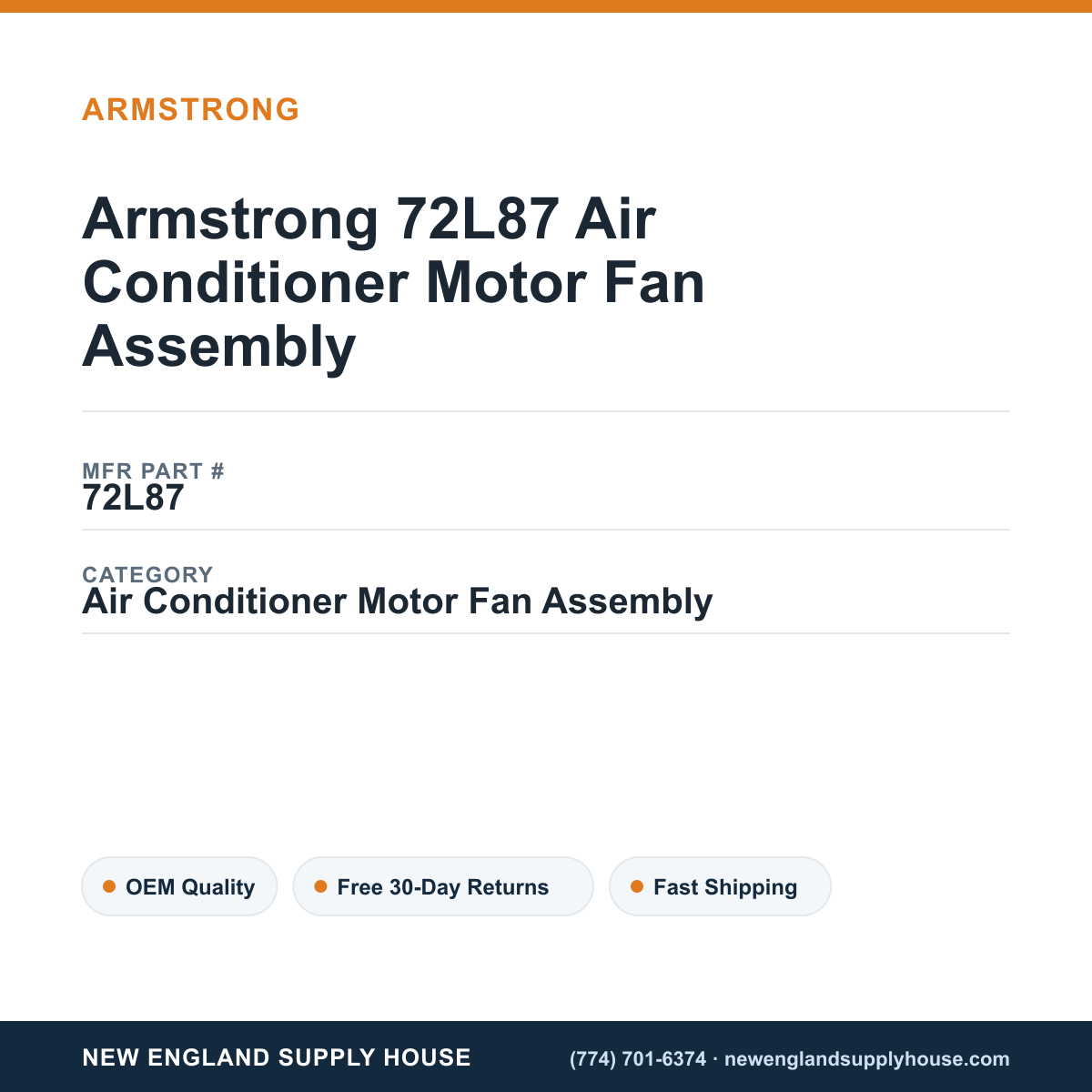 Armstrong 72L87 Air Conditioner Motor Fan Assembly — New England Supply House spec card [NESH-SPEC-CARD-V2]