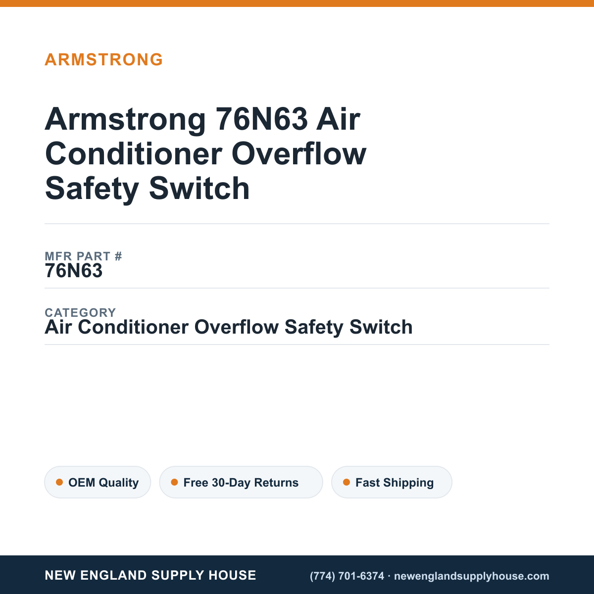 Armstrong 76N63 Air Conditioner Overflow Safety Switch — New England Supply House spec card [NESH-SPEC-CARD-V2]