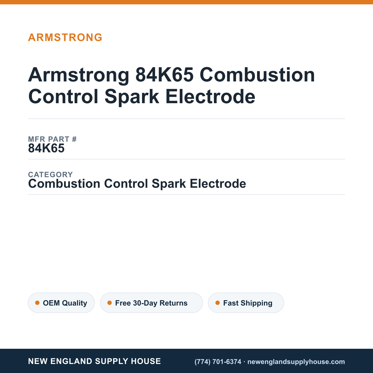 Armstrong 84K65 Combustion Control Spark Electrode — New England Supply House spec card [NESH-SPEC-CARD-V2]