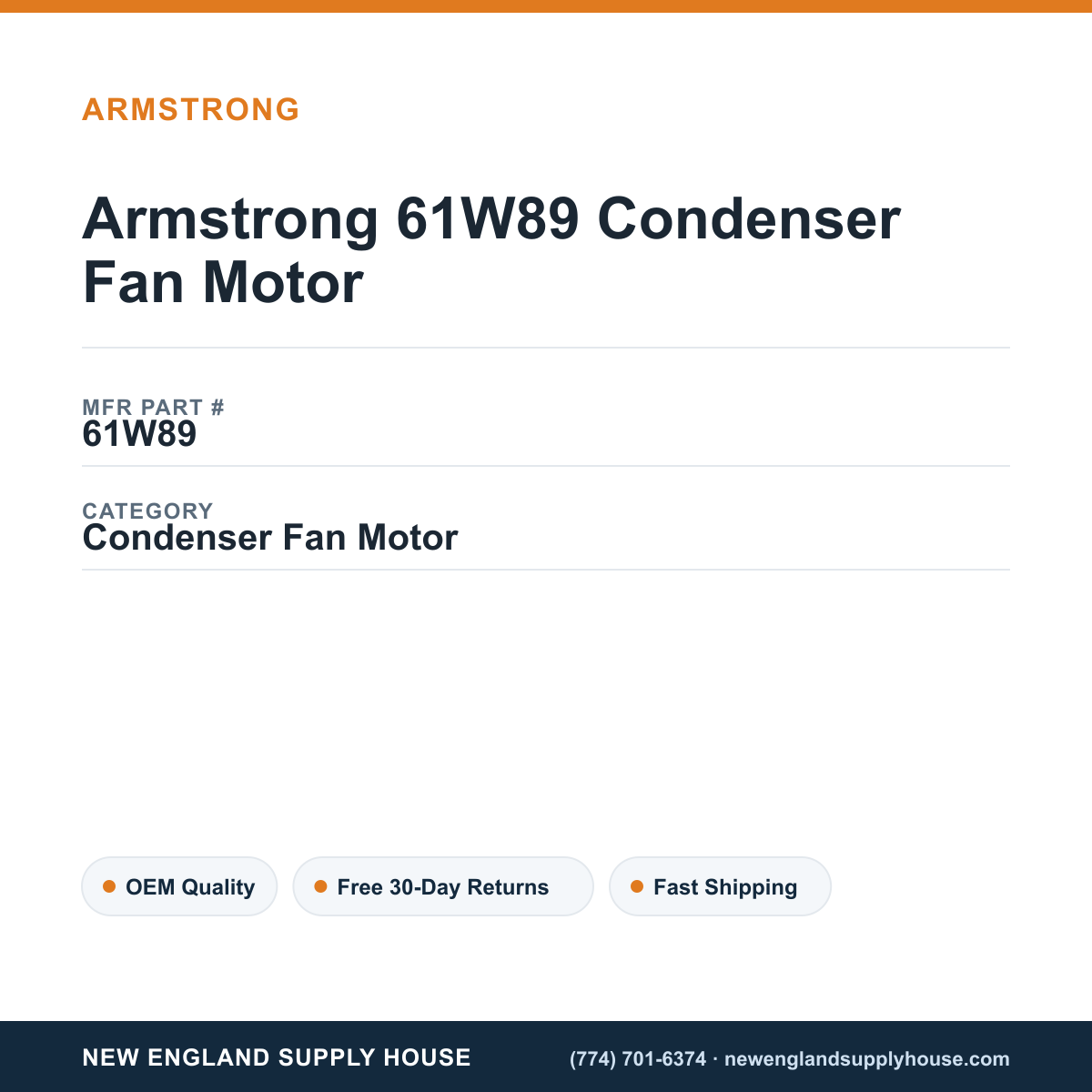 Armstrong 61W89 Condenser Fan Motor — New England Supply House spec card [NESH-SPEC-CARD-V2]