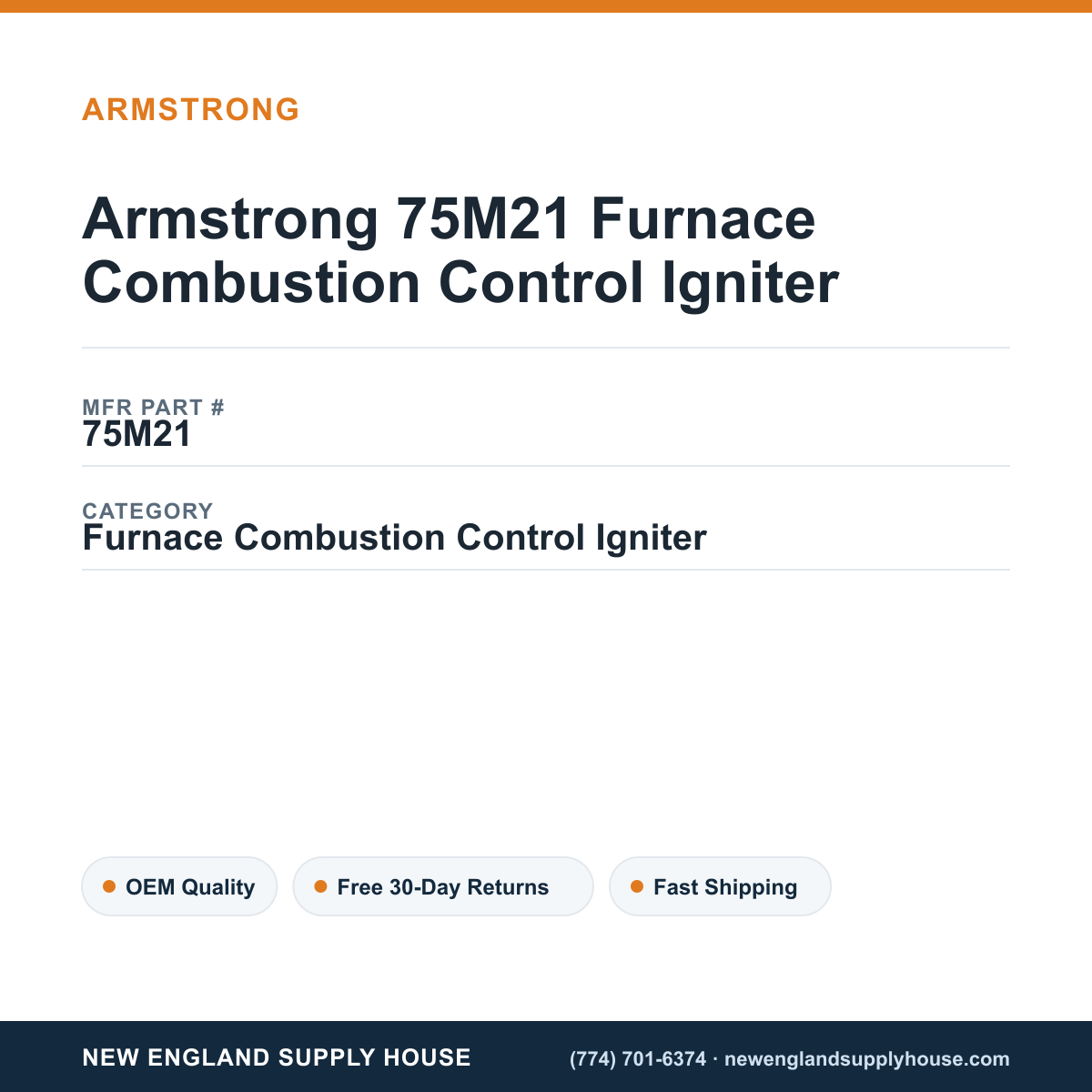 Armstrong 75M21 Furnace Combustion Control Igniter — New England Supply House spec card [NESH-SPEC-CARD-V2]
