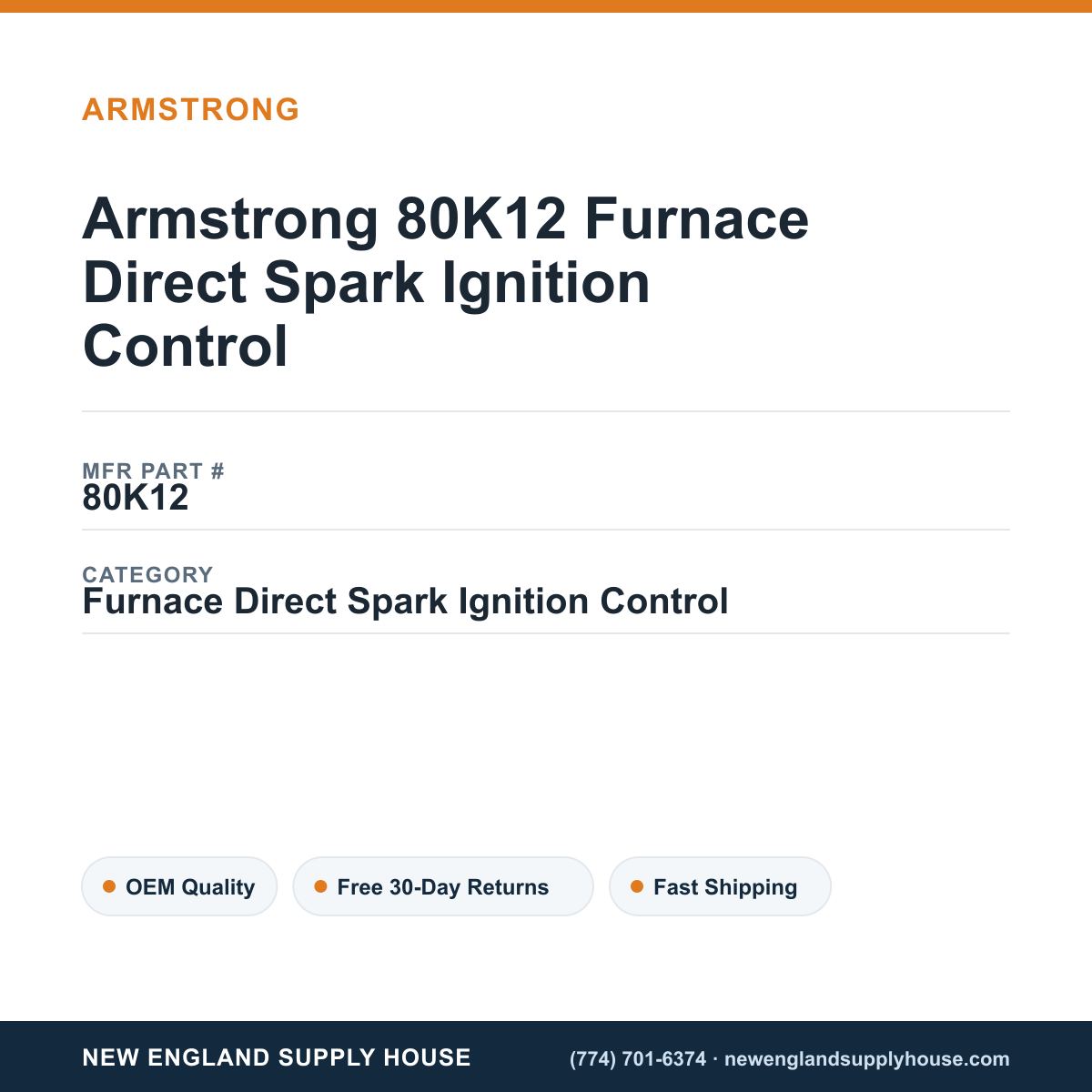 Armstrong 80K12 Furnace Direct Spark Ignition Control — New England Supply House spec card [NESH-SPEC-CARD-V2]