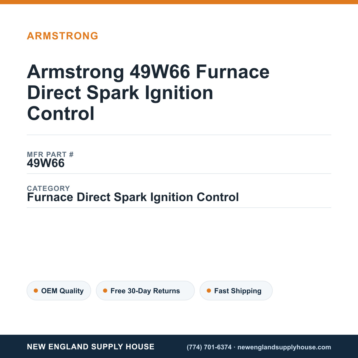 Armstrong 49W66 Furnace Direct Spark Ignition Control — New England Supply House spec card [NESH-SPEC-CARD-V2]