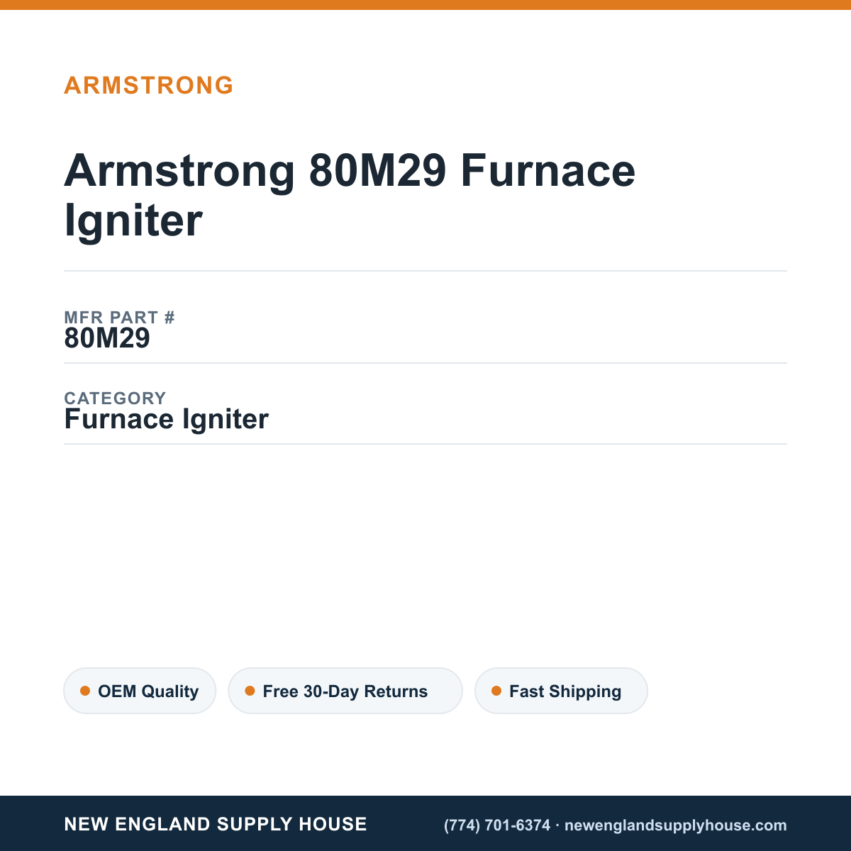 Armstrong 80M29 Furnace Igniter — New England Supply House spec card [NESH-SPEC-CARD-V2]