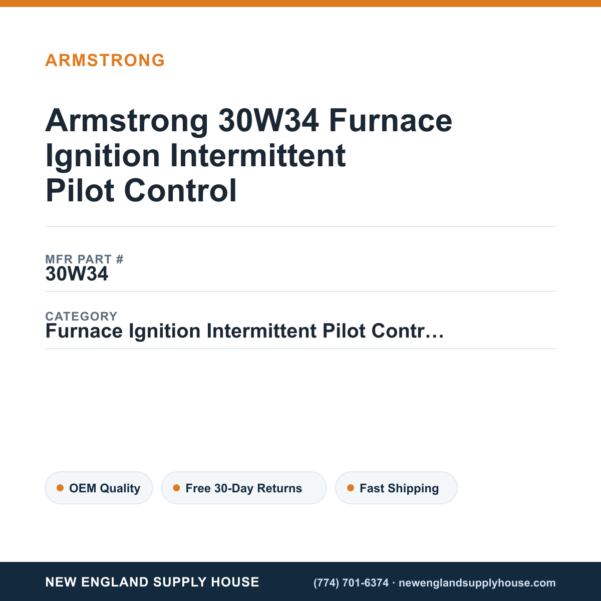 Armstrong 30W34 Furnace Ignition Intermittent Pilot Control — New England Supply House spec card [NESH-SPEC-CARD-V2]