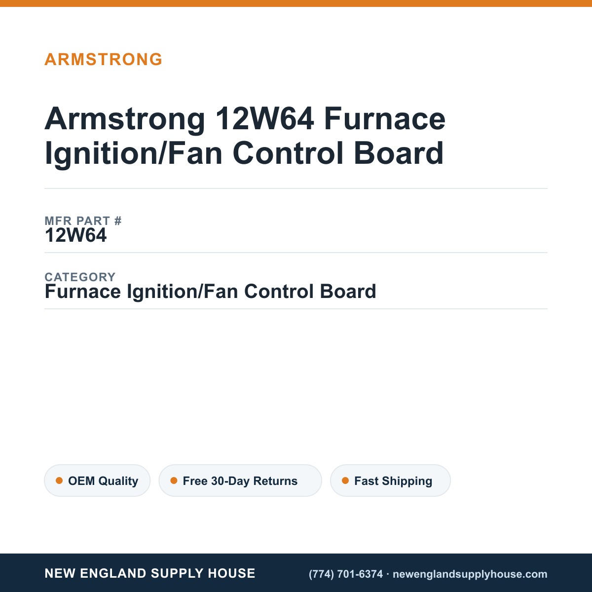 Armstrong 12W64 Furnace Ignition/Fan Control Board — New England Supply House spec card [NESH-SPEC-CARD-V2]