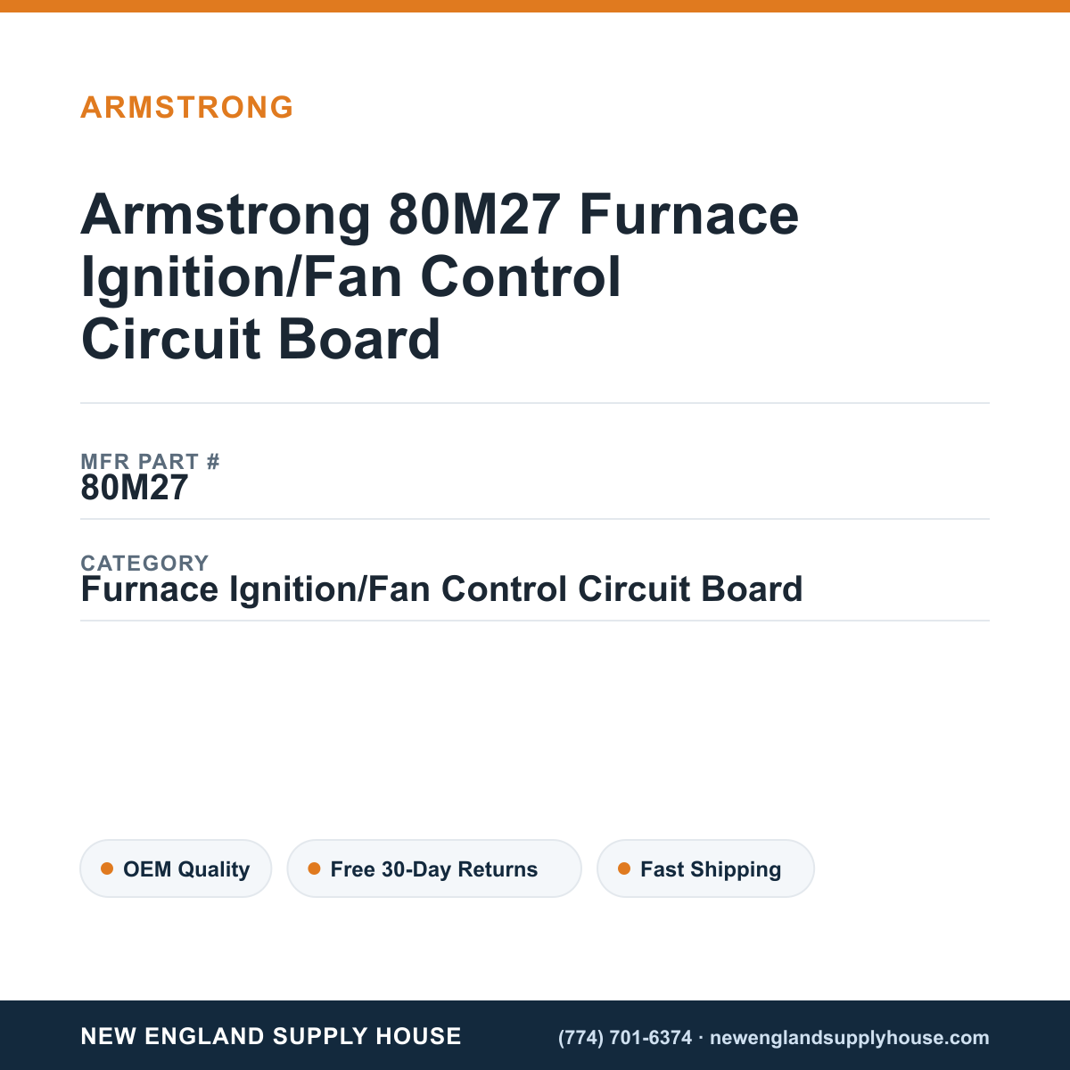 Armstrong 80M27 Furnace Ignition/Fan Control Circuit Board — New England Supply House spec card [NESH-SPEC-CARD-V2]