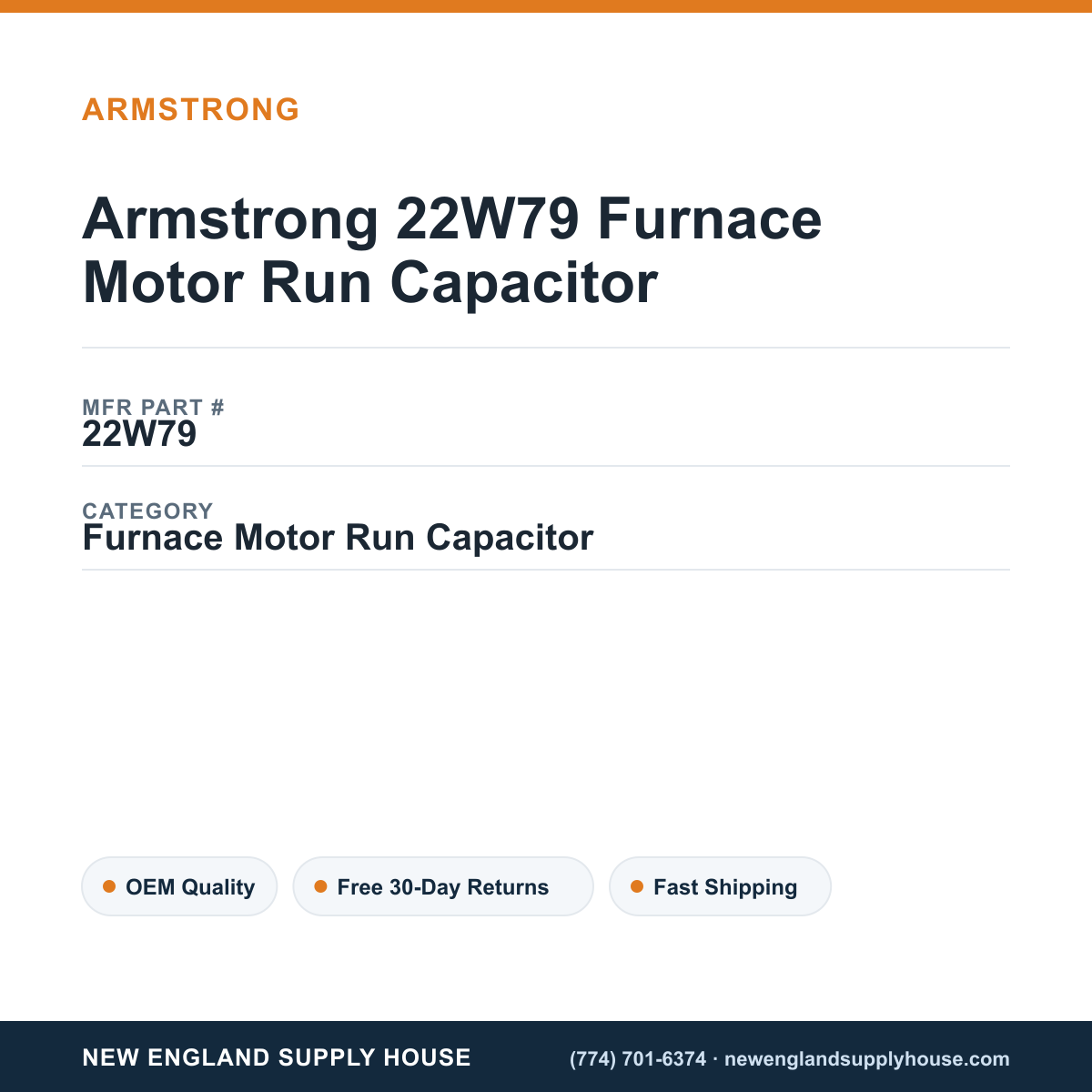 Armstrong 22W79 Furnace Motor Run Capacitor — New England Supply House spec card [NESH-SPEC-CARD-V2]