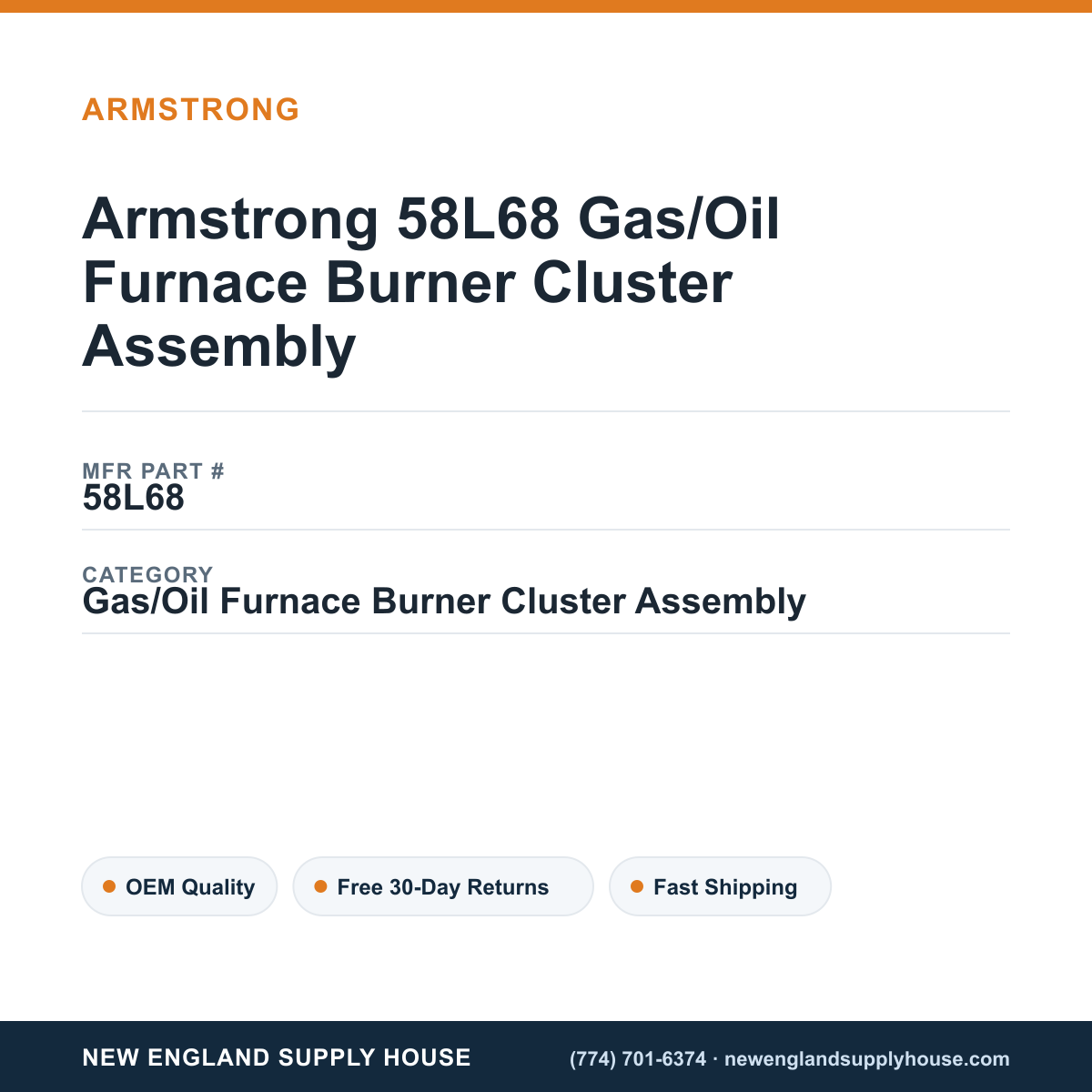 Armstrong 58L68 Gas/Oil Furnace Burner Cluster Assembly — New England Supply House spec card [NESH-SPEC-CARD-V2]